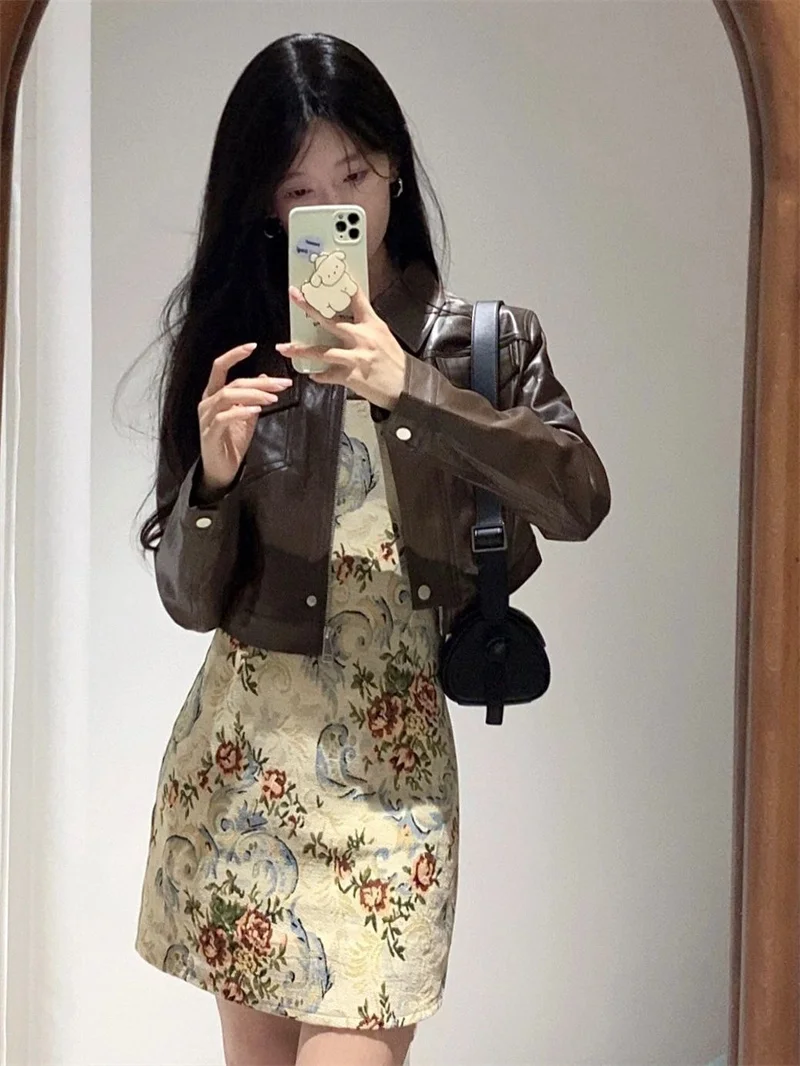 Female Korean Retro Spicy Girl Style Coffee Color Short Leather Jacket 2024 Spring Women's New High-end PU Leather Jacket Top