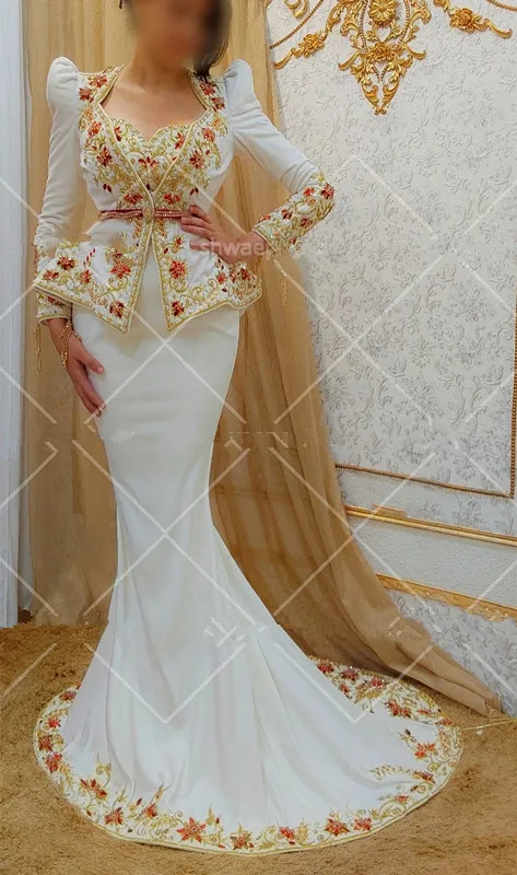 Vintage Algerian Outfits Karakou Prom Dresses with Long Sleeve Jacket Gold Embroidery Crystals Mermaid Evening Occasion Gown