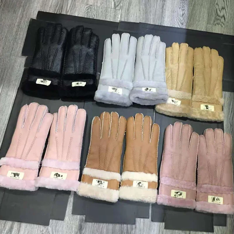 

New women's fur all-in-one sheepskin gloves leather color warm winter wool lining wind and cold gloves