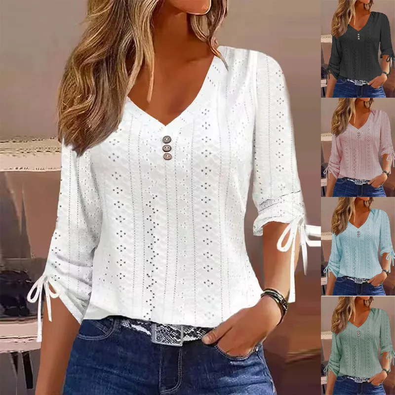 

2025 Spring Women's Long-sleeved T-shirt V-neck Button Jacquard Hollow Solid Color Top Drawstring Casual Basic Versatile Tees