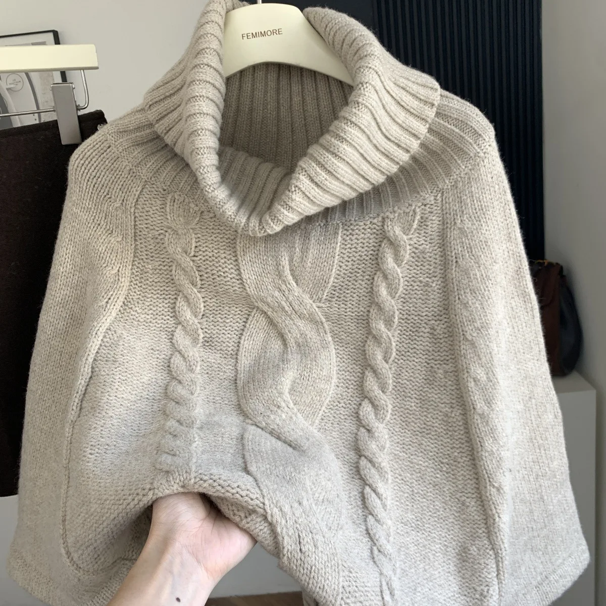 

Сплошной цвет, вязаный пуловер, плащ, шерстяной свитер, женский осенне-зимний свободный вязаный свитер с высоким воротом, женская одежда