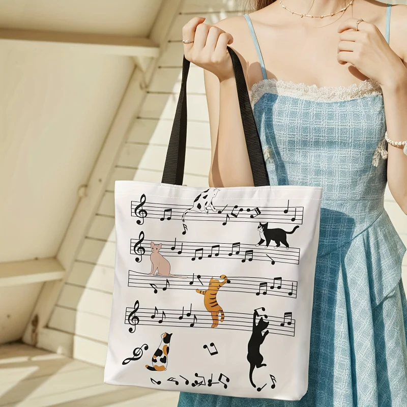 Cartoon Cat Musical Note Print Canvas Shoulder Bag Large Capacity Lightweight Handbag Casual Versatile Women's Commuter Tote Bag