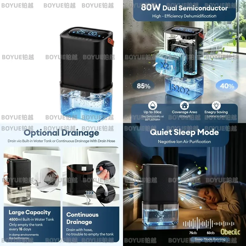 1500ml Dual Core Air Dehumidifier 80W Portable Moisture Absorber for Home Bedroom Bathroom RV Basement Quiet Dryer Machine