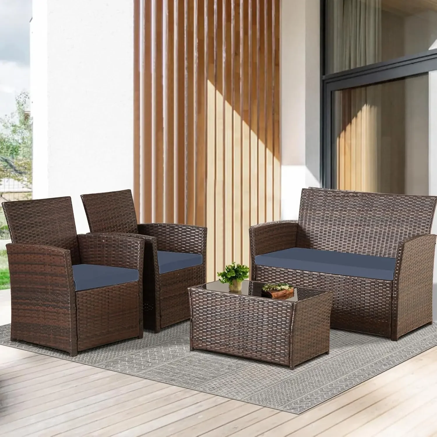 

4 Piece Outdoor Patio Furniture Sets Wicker Sectional Conversation Sofa Set Rattan Table Chair Loveseat with Cushions Brown-Blue