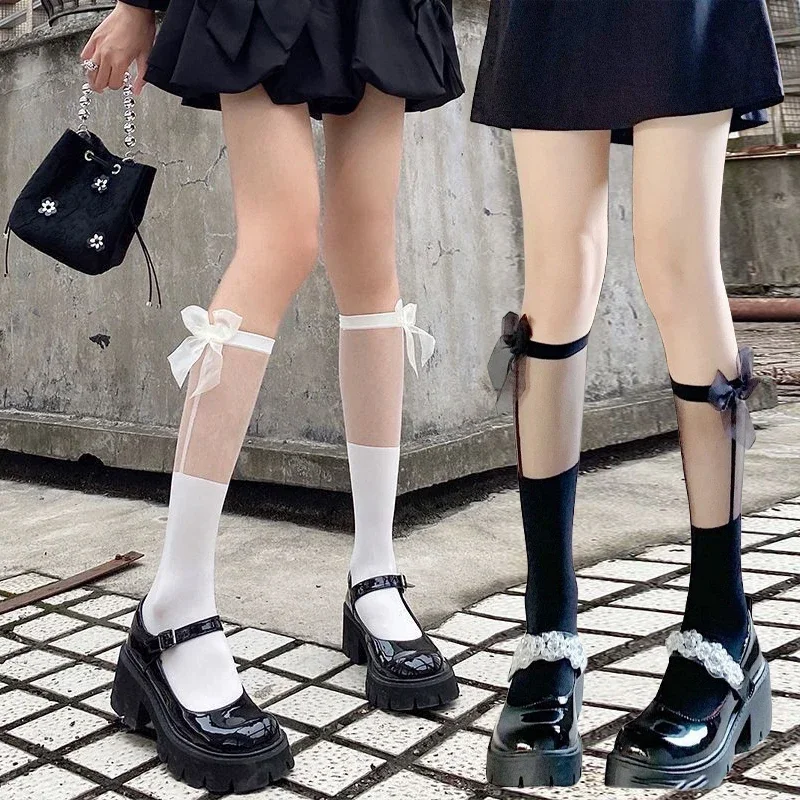 

12 pairs JK Girls Calf High Socks Summer Thin Students Mesh Stitchings Bow Middle Tube Female Silk Lace Calf Socks Women Girl