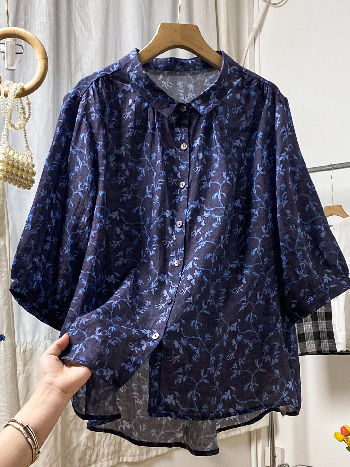 

Floral Print Cotton Linen Shirt Women's Early Autumn New Style Fashionable Loose Slimming Top Button up Casual Wear