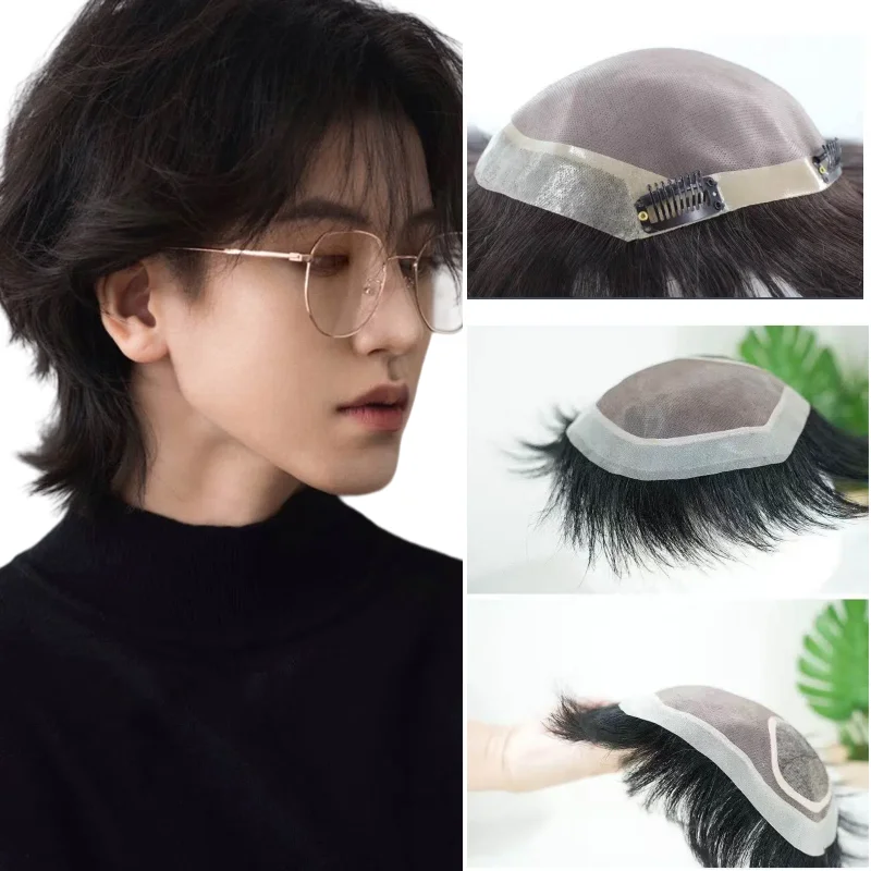 

6 Inch 100% Human Hair Men Toupee Mono Skin PU Sides Lace Mesh With Snap Clips Hand Tied Base Jet Black
