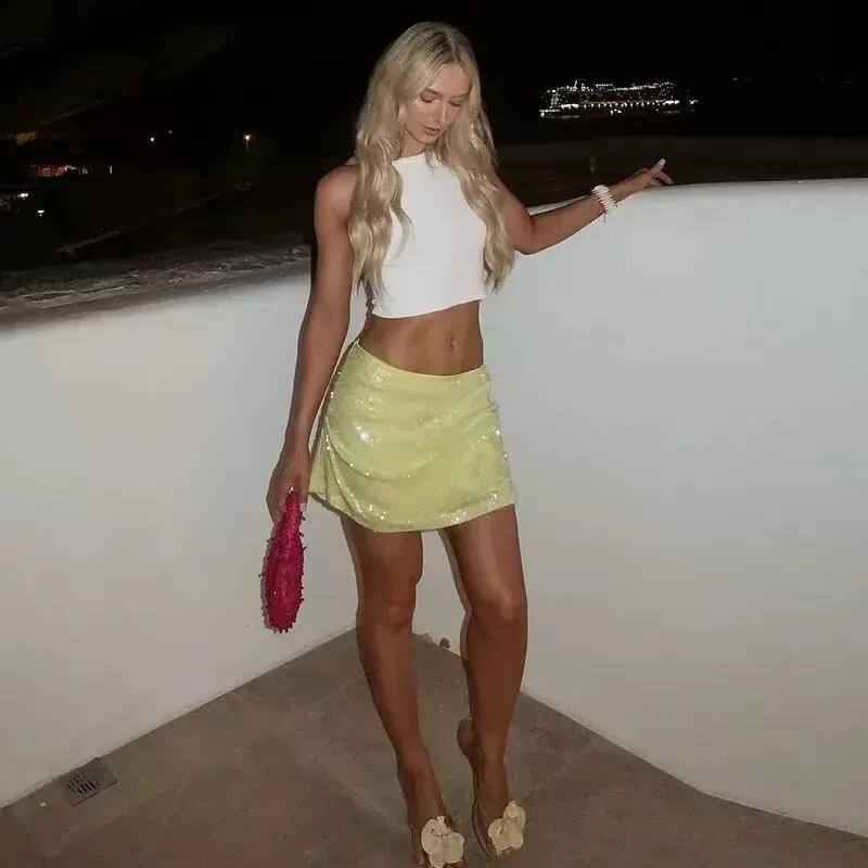 MUJER 2025 Sequin Mini Skirt Women Glitter Luxury Short Skirts for Woman Semi Sheer Party Women's Skirt Cylinder Mid Waist Skirt