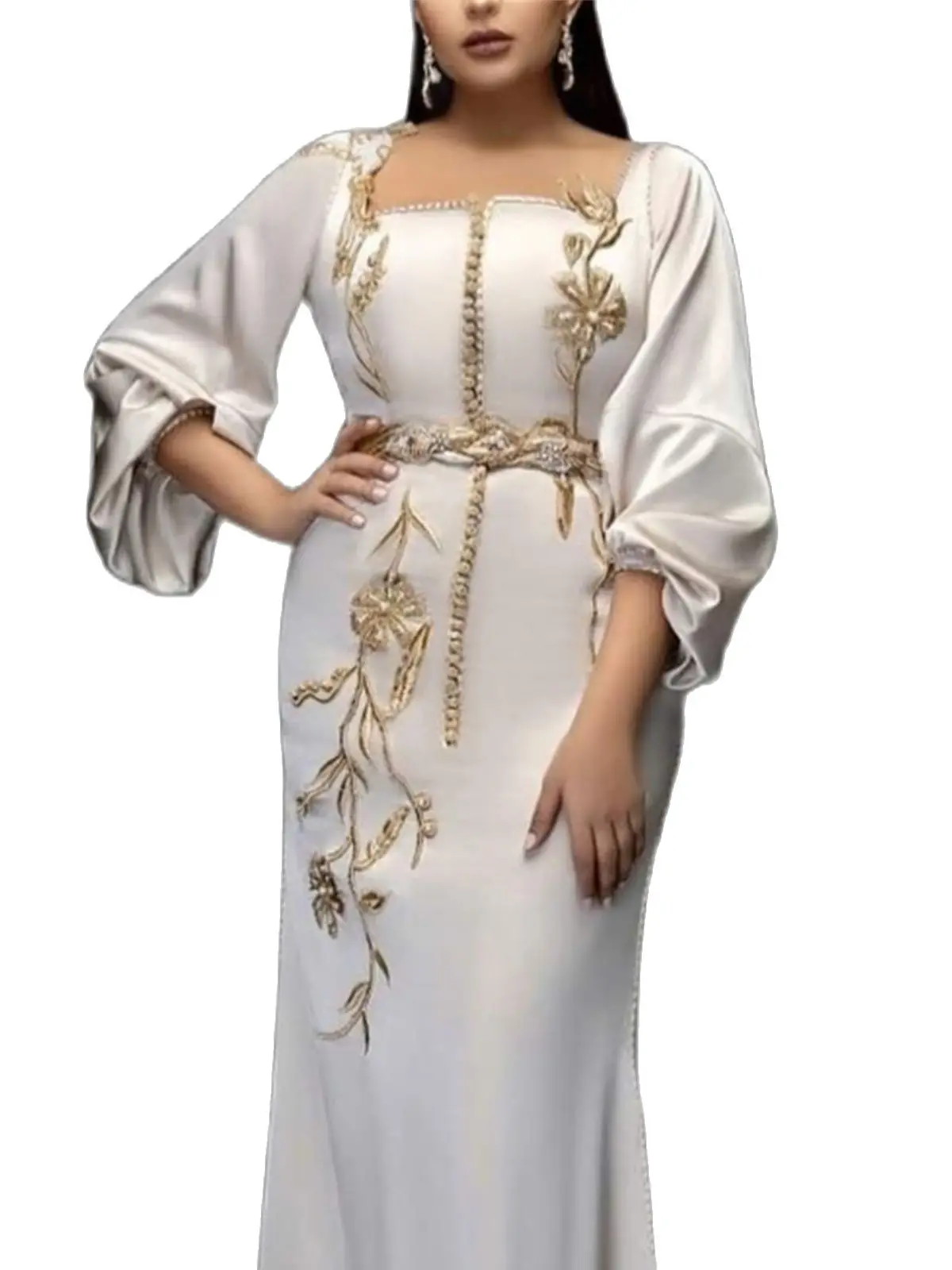 Moroccan Dubai Kaftan Lace Formal Evening Dresses V Neck Embroidery Appliques Full Sleeve Arabic Muslim Party Gowns 2023