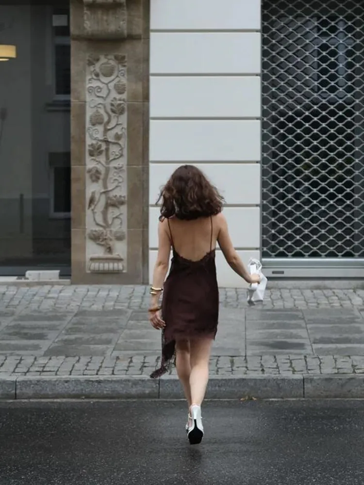 New Satin Slip Sexy Lace Spliced Mini Dress Women Sleeveless Backless Asymmetric Light Party Dresses 2026 Summer Vacation Dress