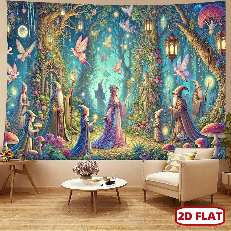 Magic Wizard Forest Tapestry,Fairies Elves Witch Mushroom Moon Lantern Fantasy Scene Wall Tapestry for Bedroom Living Room Decor