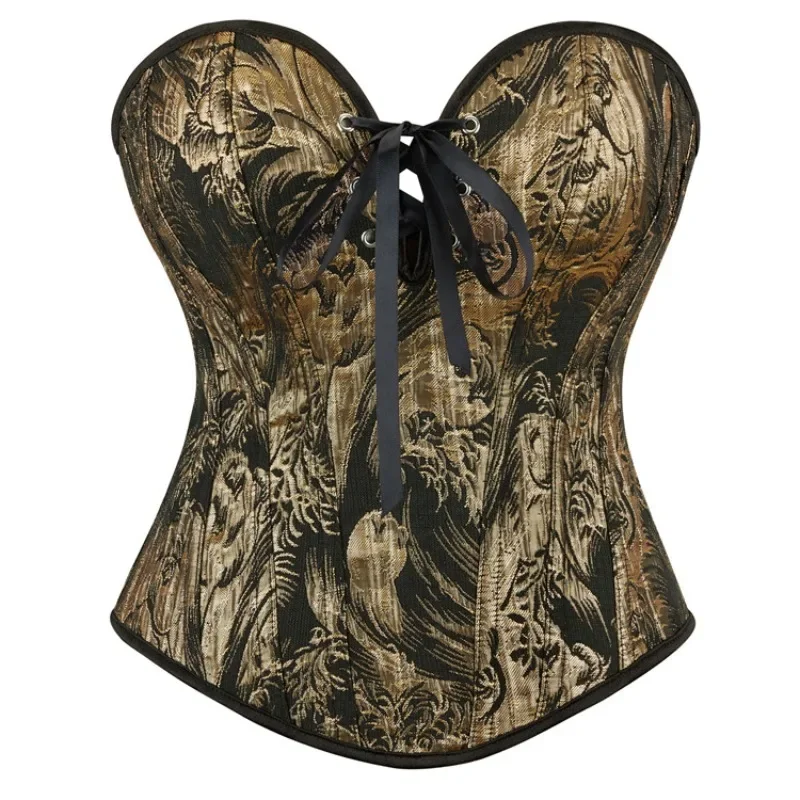 Gold Korsett Top Damen Vintage Vollbrust Bustier Schnürung ohne Knochen Shapewear Gothic Jacquard Vollbrustkorsett