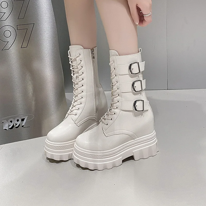 Punk Style Womens Boots Fashionable Mid-calf Boots Height Increasing Platform Boots for Women Casual Leather Booties Botas Mujer