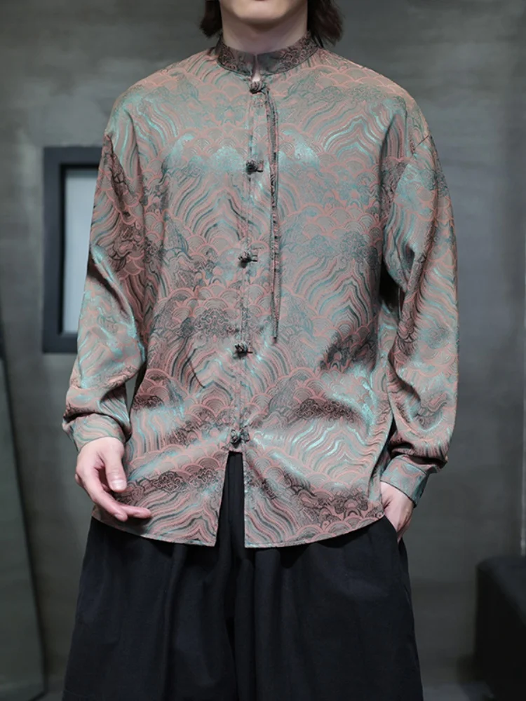 

Новая китайская мужская рубашка с длинным рукавом, премиум-класса, с вышивкой, на пуговицах, с воротником-стойкой, улучшенный стиль Ханьфу