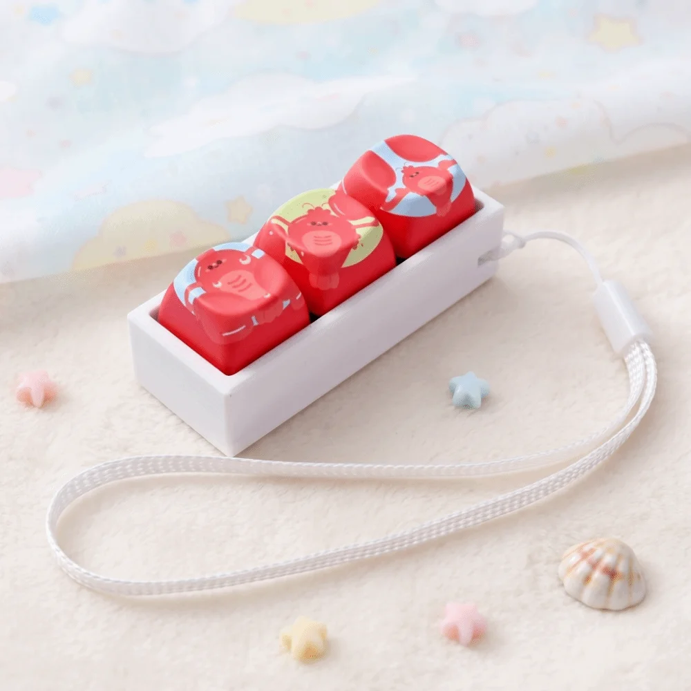 Cartoon Cat Keycap Fidget Keychain 3 Keys Mechanical Keyboard Clicker Keyring Ice Blue Gradient Three-button