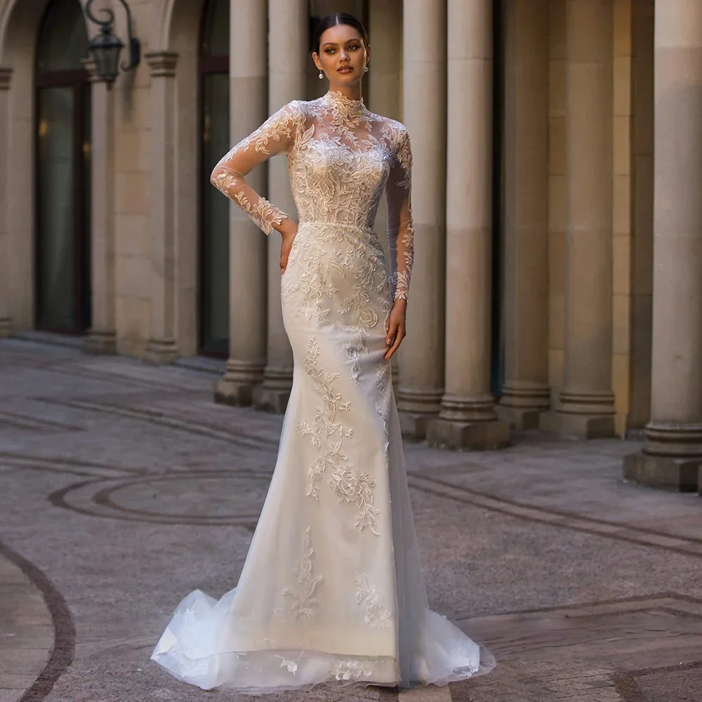 

Изящные свадебные платья из органзы с вышивкой, бальное платье русалки с высоким воротом и длинными рукавами, индивидуальное платье невесты Vestido De Novia