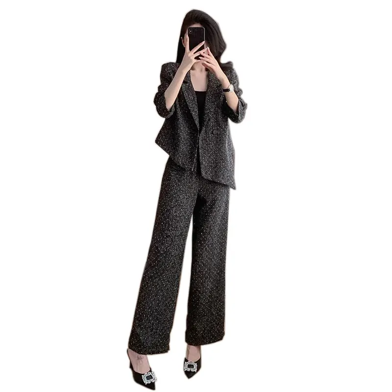 

2 pieces women's coarse woolen suit irregular jacket+high waisted wide leg pants 2025 new small fragrance style set