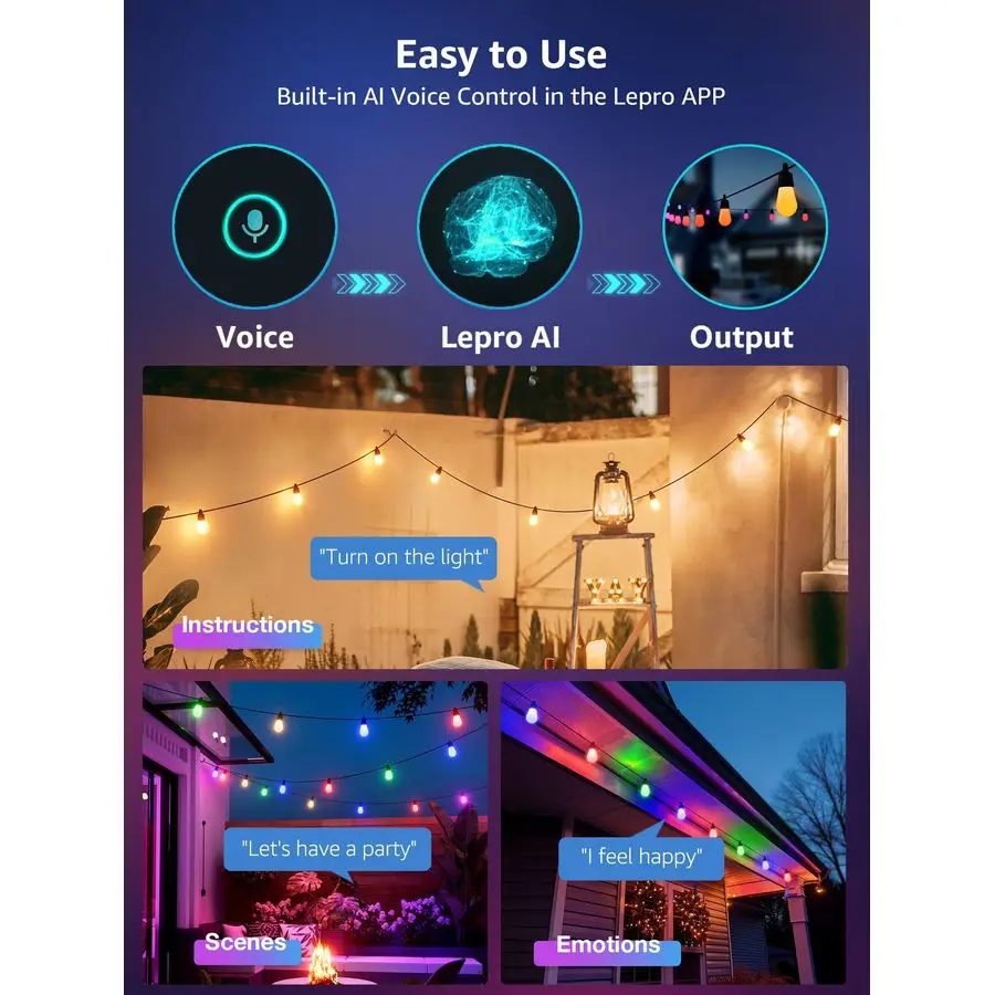 ZB1 AI Smart Outdoor String Lights APP Control، 544212 قدم RGBICWarm White Outdoor Lights 15 LED Bulbs، Alexa Google Home Enable،