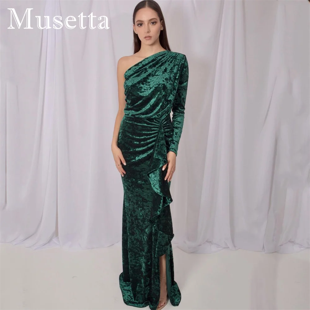 Musetta One Shoulder Velvet Long Sleeves Prom Dress High Slit Floor Length Ruffles Formal Party Sheath Evening Gown Customized