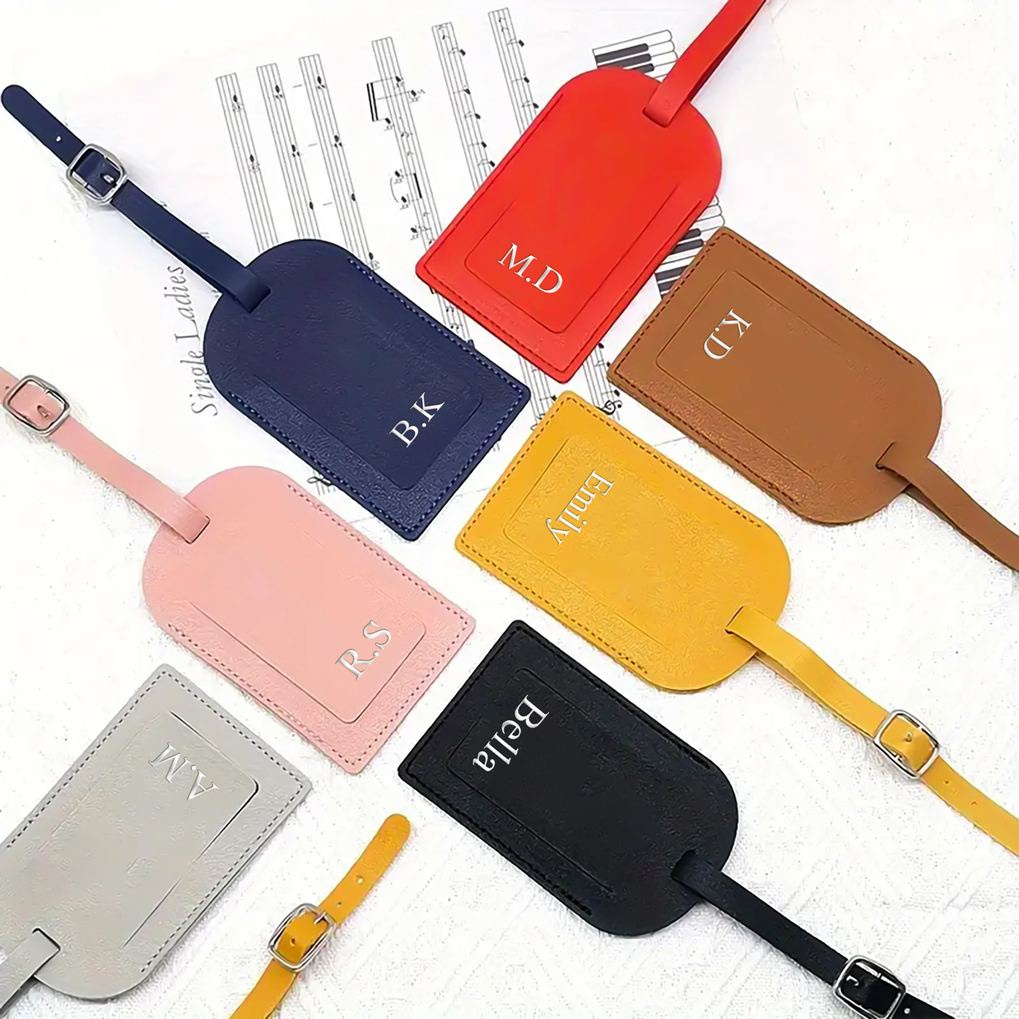 Customizable Engraved Silver Carving Lettering PU Artificial leather Luggage Tag With Metal Buckles Prevent Loss Privacy Cover