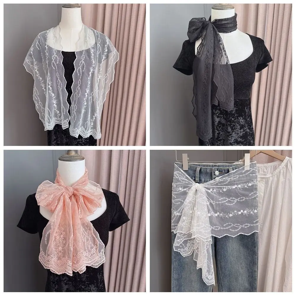 

Literary Long Women's Lace Scarf Solid Color Embroidered Flower Korean Version Scarf Sunscreen Shawl Women's Accessory