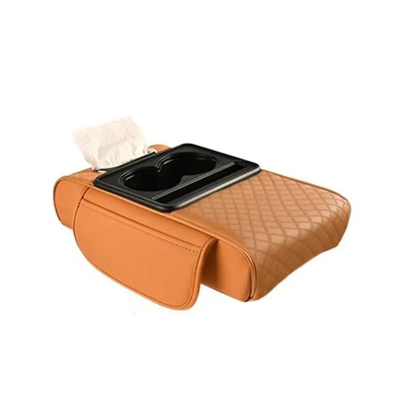 M45K-Car Armrest Box Heightening Cushion With Cup Holder Tissue Box Side Storage Pocket For Auto Interior Rest Cover