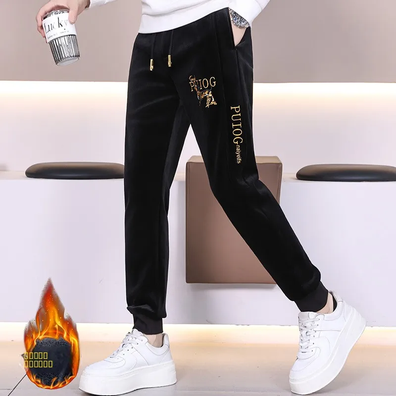 

Мужские зимние спортивные брюки с вышивкой, на флисовой подкладке, облегающие, теплые, универсальные, длинные, молодежные, повседневные