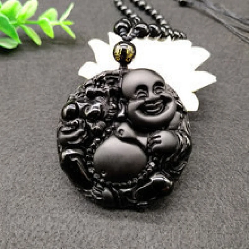 Obsidian Laughing Maitreya Round Fortune Buddha Necklace Pendant