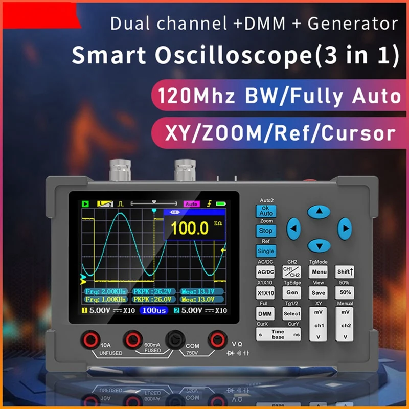 ●DSO3D12 3.2 Inch Desktop Digital Oscilloscope 120M Bandwidth Dual Channel Multimeter and Signal Generator 3 in 1 120M-ABFB