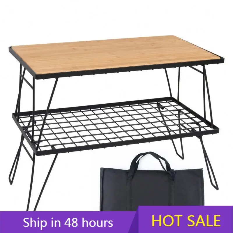 طاولة نزهة خارجية قابلة للتكديس مع لوح من الخيزران، طاولة شواء للتخييم المحمولة