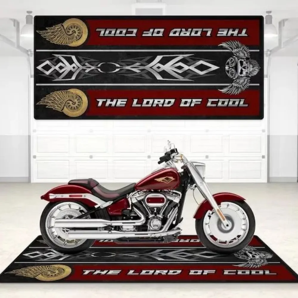 Crystal Velvet Motorcycle Mat, Anti-Slip Garage Floor Mat for Harley/Honda, Flame/Tribal/Racing Style, Motorbike Parking Rug view 2