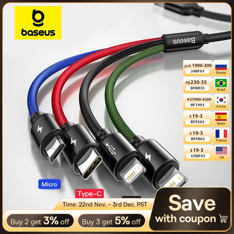 Baseus 3 in 1 USB Cable Type C Cable for Samsung Xiaomi Mi 4 in 1 Cable for iPhone 14 13 12 X 11 Pro Max Charger Micro USB Cable