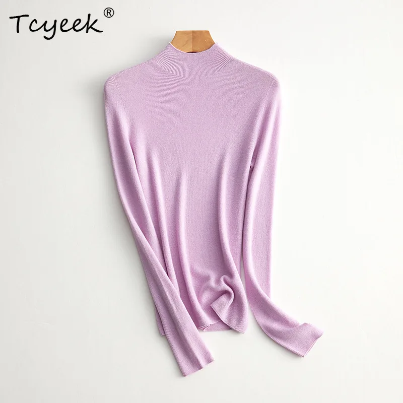 Tcyeek, 18G, 100% lana pura, Otoño Invierno, suéteres de punto con cuello simulado para mujer, Tops de colores macarrón, camiseta interior básica de oficina para mujer T3N565QM