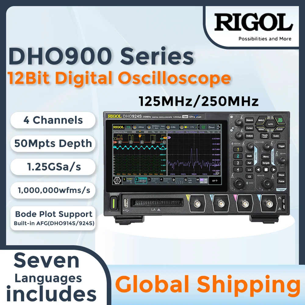 RIGOL DHO914/DHO924-S Oscilloscope: 4CH, 125/250MHz, 25Mpts,Automotive Electronics Protocol Decoder & Bode plot(DHO914S/DHO924S)
