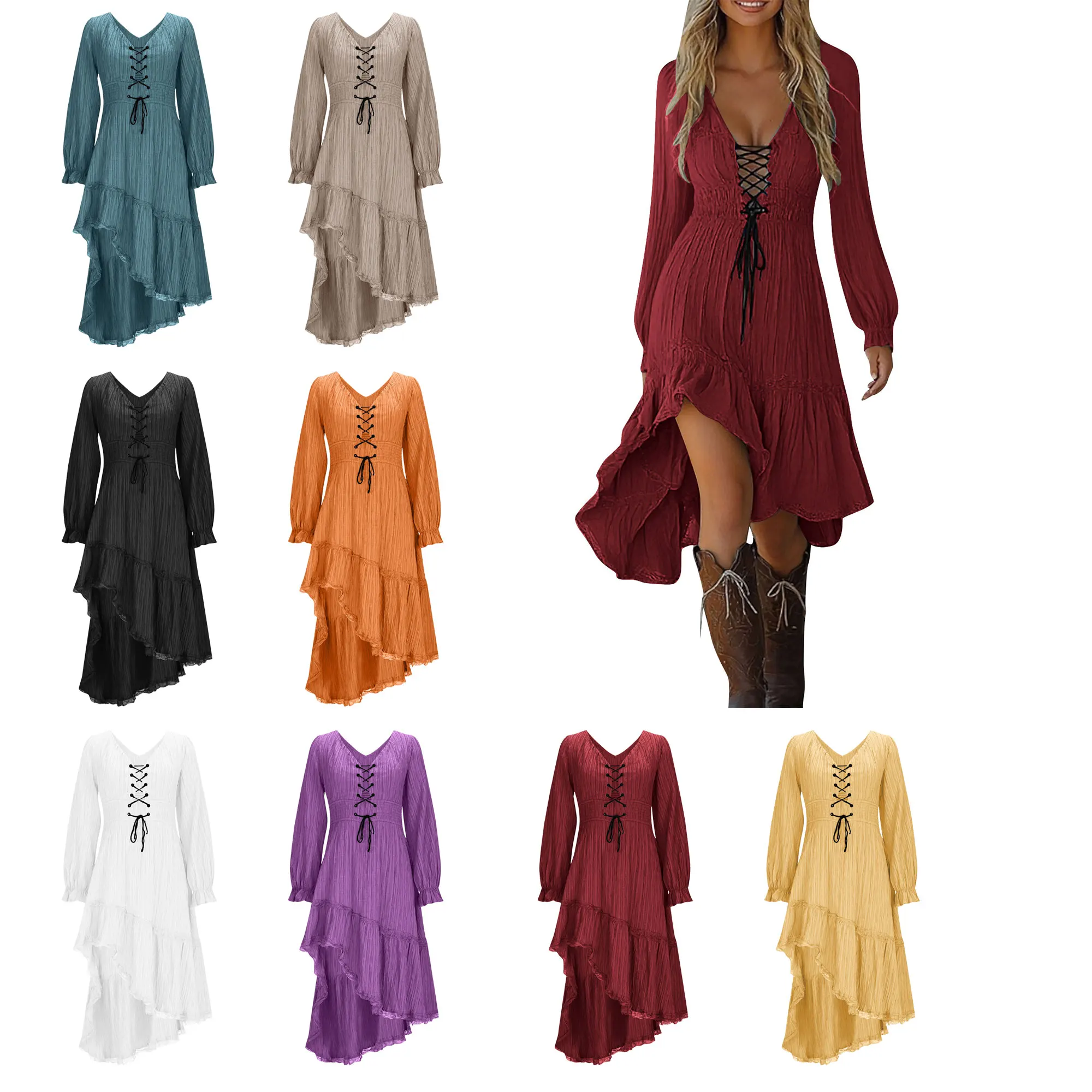 

Women'S Cowboy Casual Ruffled High And Low Mini Dress Victorian Gothic Crinkle Texture Lace Up Dress V-Neck Fashion Dress