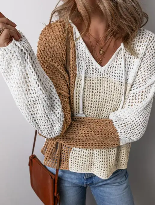 

Women's V-Neck Long Sleeved Shirt Casual Elegant Color Blocked Knitted Slim Fit Sweater Hollow Out Sweater Elegant Knitted Top