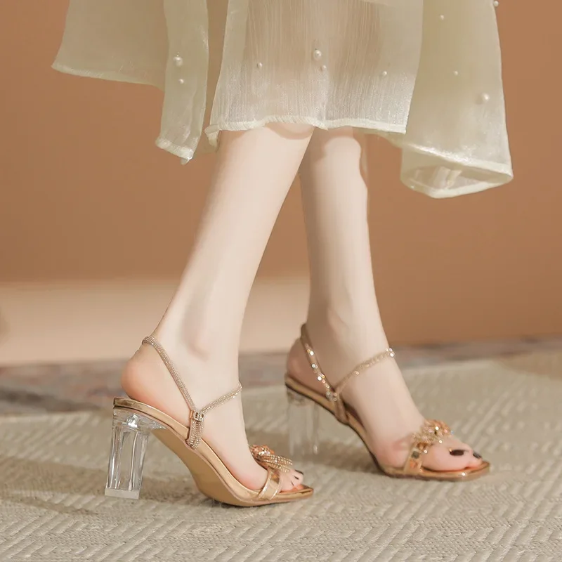 Size 30-44 Square Toe Chunky Heel Sandals Women Transparent High Heel Open Toe Summer Sandals Two-wearing Gold Silver Heels