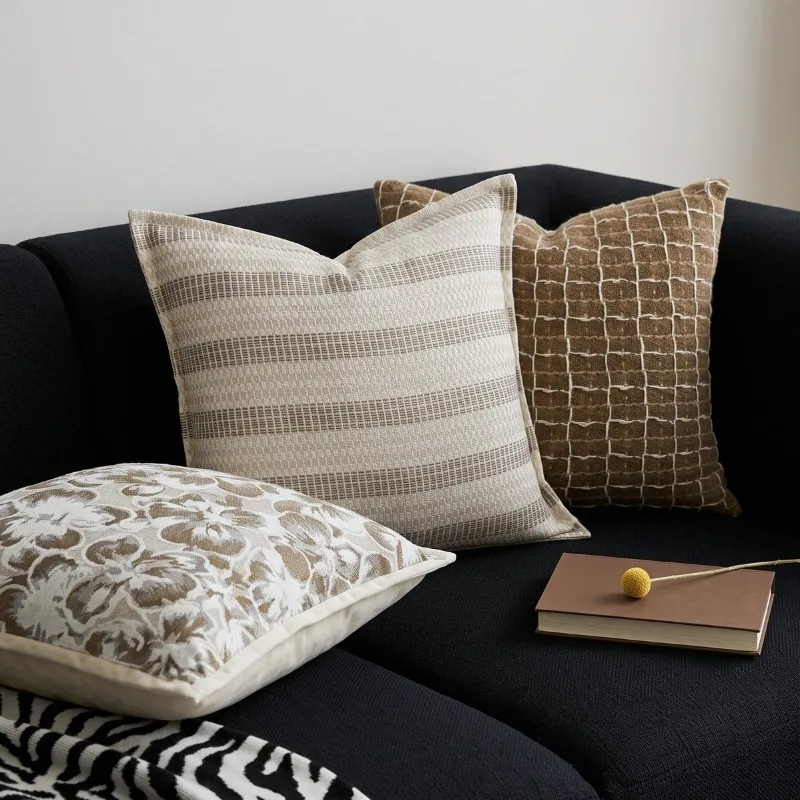 Textured Woven Cushion Cover Jacquard Floral Geometric Throw Pillow Case Beige Brown Piping Edge Wabi Sabi Farmhouse Home Decor