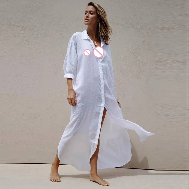 Womens Summer Cover Up Side Slit Swimsuits Coverup Cotton Beach Dress