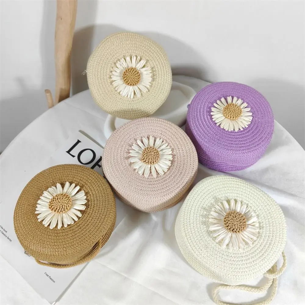 

Floral Decor Round Straw Bag Fashion Lightweight Mini Shoulder Beach Bag Flower Graphic Women's Crossbody Purse