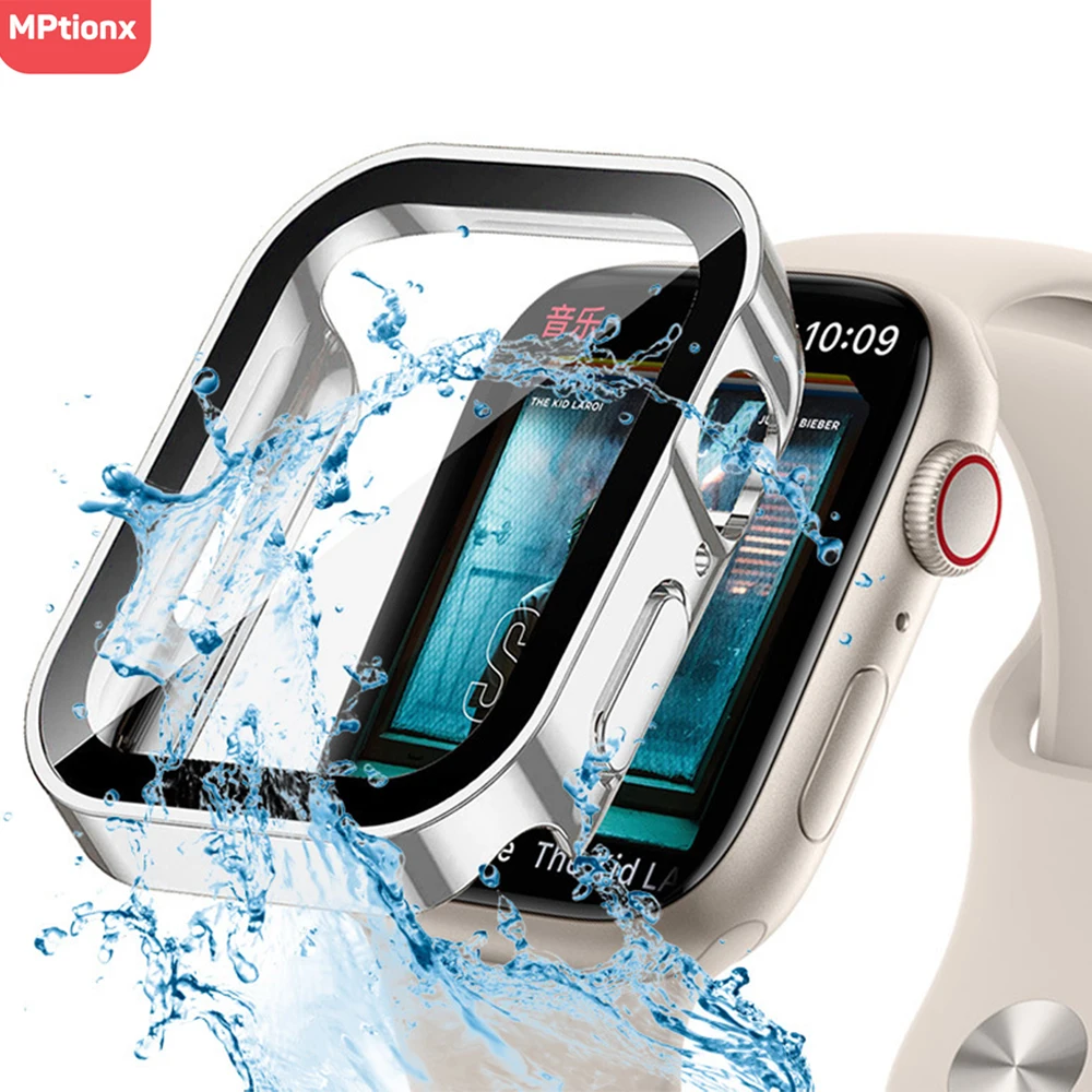 Vidro + capa à prova d'água para apple watch 7 8 9 45mm 41mm protetor de tela rígido pc para iwatch série 6 5 4 se 40mm 44mm capa