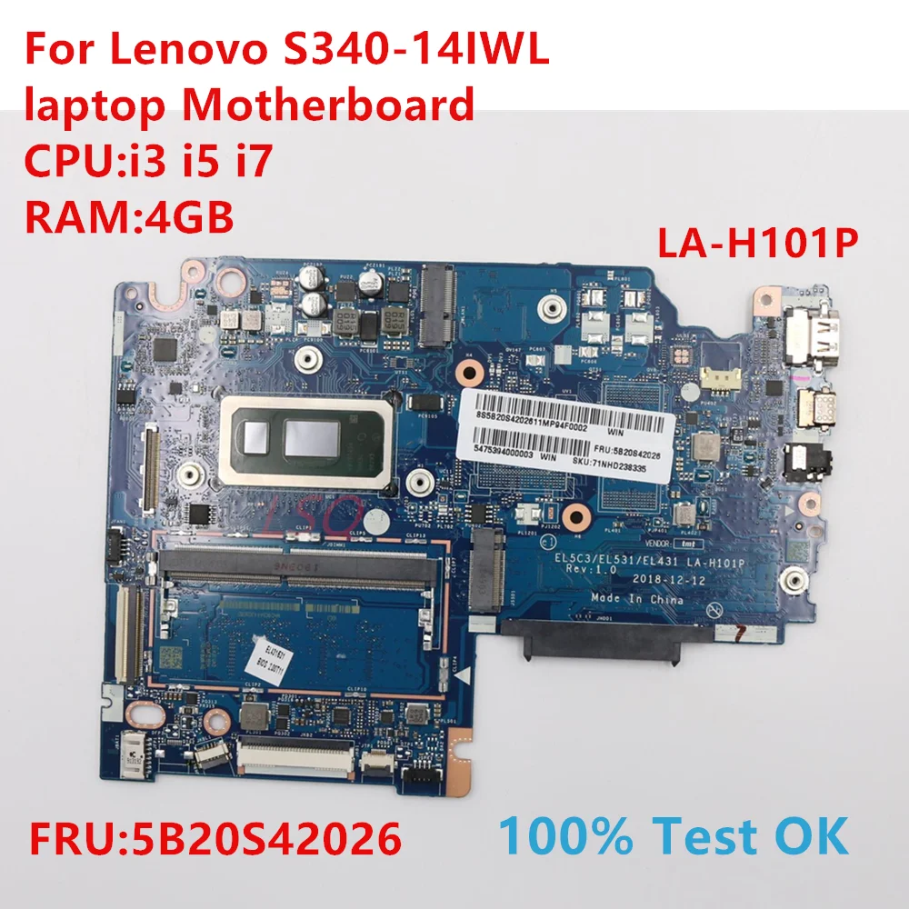 

LA-H101P For Lenovo S340-14IWL laptop Motherboard With CPU:i3 i5 i7 FRU:5B20S42026 100% Test OK