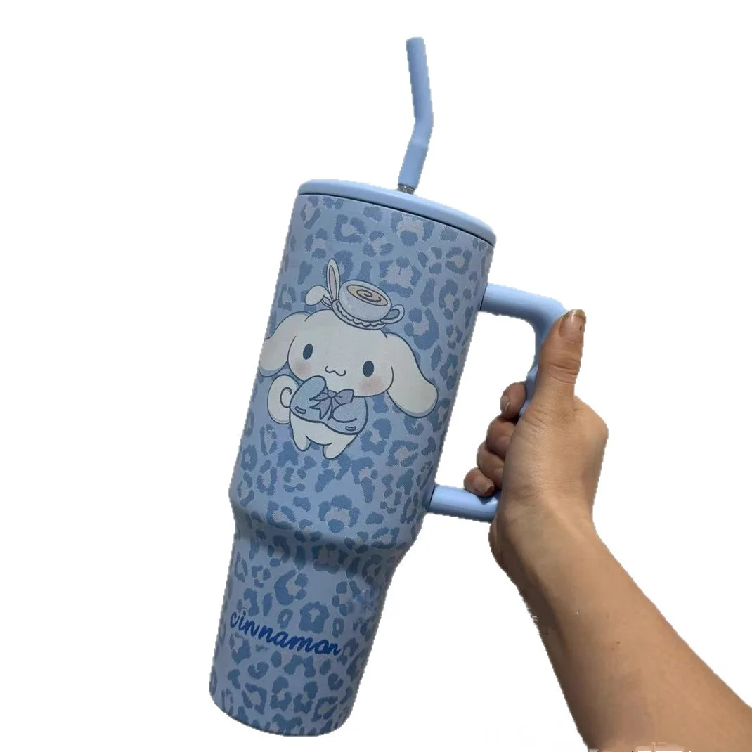 헬로 키티 텀블러 빨대와 손잡이 포함 차량용 컵 스테인리스 스틸 컵 레오파드 디자인 미끄럼 방지 베이스 여행용 머그 물병