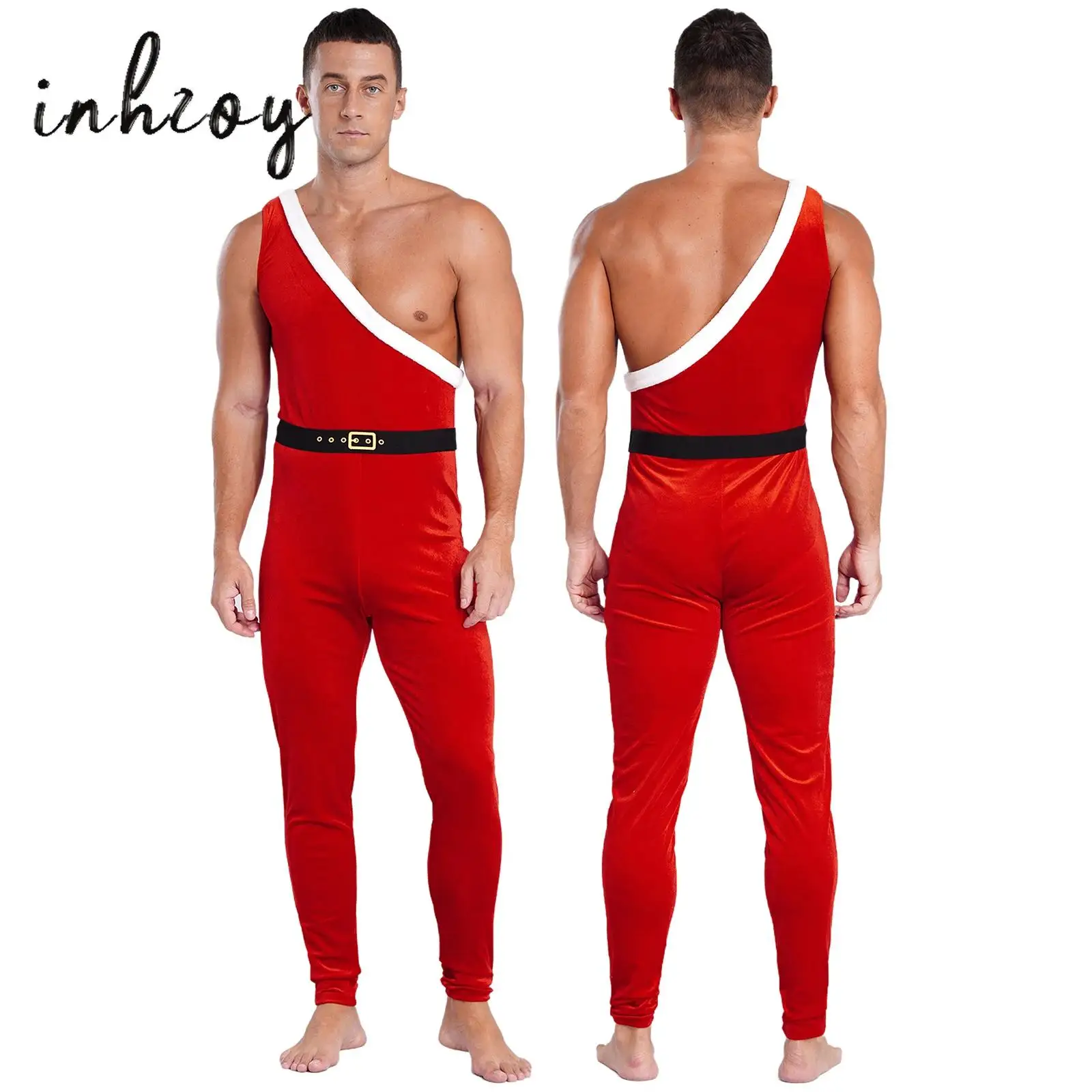 

Mens Red Christmas Jumpsuit One Shoulder Sleeveless Velvet Full Bodysuit Santa Claus Xmas Holiday Cosplay Costume Clubwear