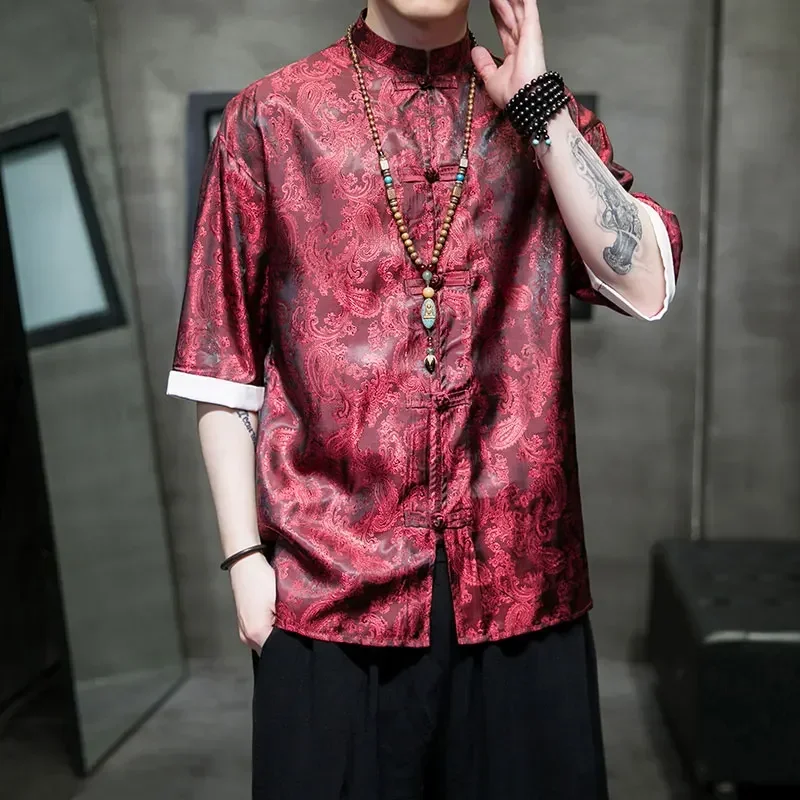 2023 Summer Chinese Style Mens Tops Tang Suit Fashion Solid Traditional Short Sleeve China StyleDragon Pattern Printing Shirt