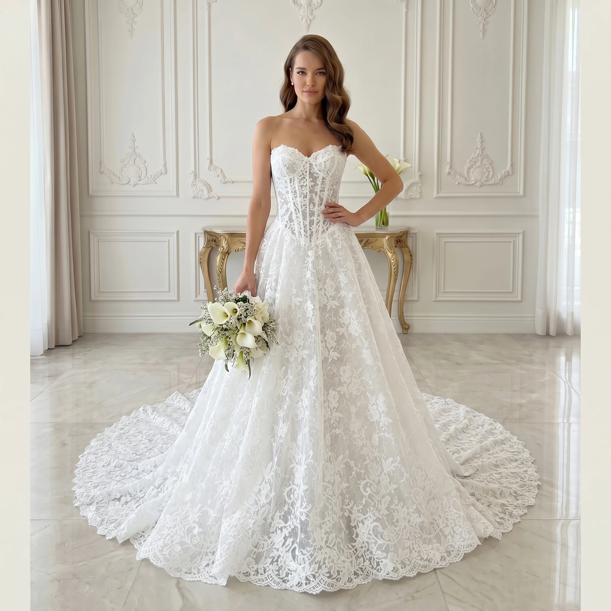 Strapless Sweetheart Corset A Line Wedding Dress Full Vintage Floral Lace Corset Back Scalloped Chapel Train Bridal Gown
