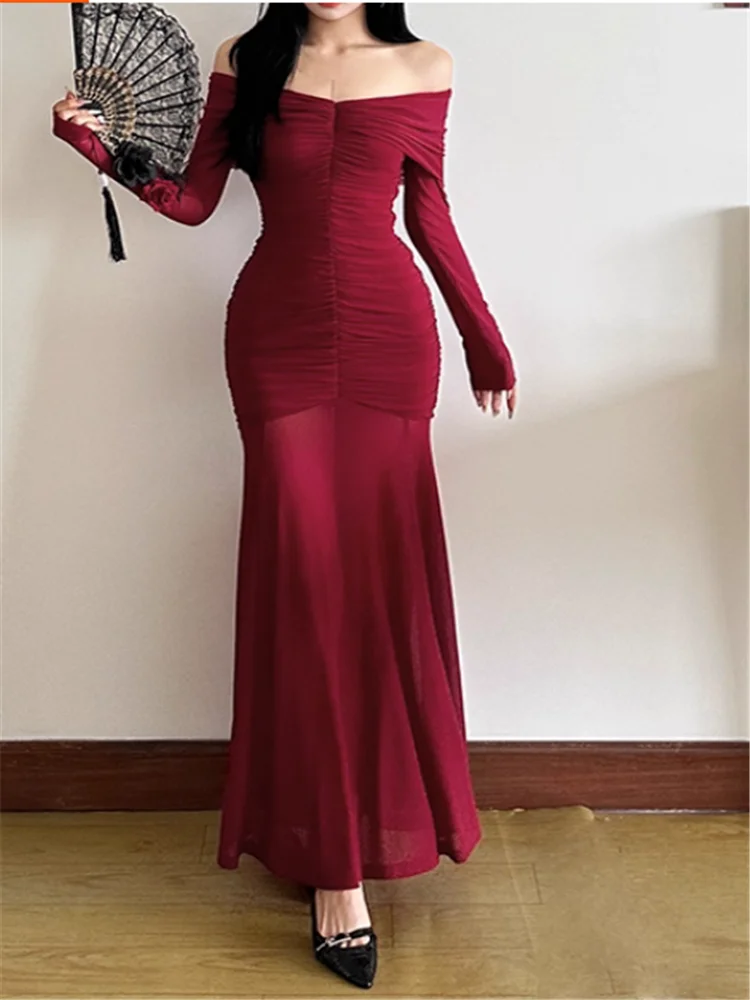 Women Long Sleeve Off Shoulder Red Black Long Dress New Sexy Slash Neck Mesh Patchwork Dress Strapless Sheer Pencil Party Dress