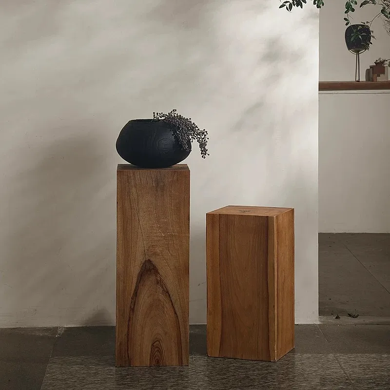 Wabi Sabi Solid Wood Pedestal Stand Japanese Camphor Wood Square Display Plinth Carbonized Wooden Block Sculpture Vase Decor