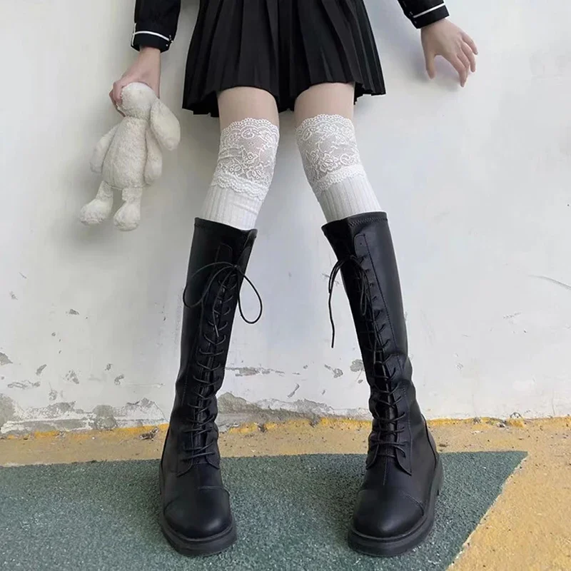 Sexy Spitzenstrümpfe für Damen, oberschenkelhoch, über dem Knie, einfarbig, warme Stiefelsocken im Lolita-Stil – Detail 3