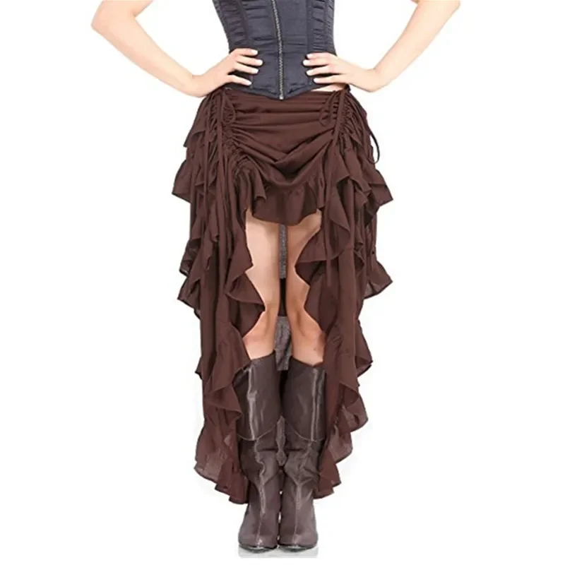 المرأة حجم كبير القوطية الفيكتورية Steampunk ميدي تنورة مثير عالية منخفضة الكشكشة خمر مرونة مطوي مشد التنانير الحفلات